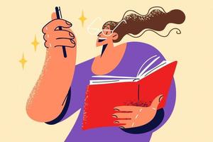 sonriente mujer en lentes escritura en cuaderno. contento hembra tomar notas en bloc, lista creativo ideas o planes vector ilustración.