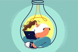 Smiling woman sit in huge lightbulb working on laptop. Happy female employee in light bulb busy with computer job. Freelance and creative activity. Vector illustration.