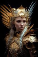 Female angel warrior in white and gold armor photo