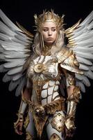 Female angel warrior in white and gold armor photo