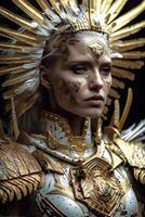 Female angel warrior in white and gold armor photo