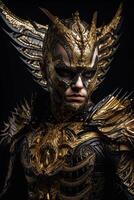 masculino demonio guerrero en negro y oro armadura foto
