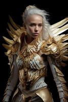 Female angel warrior in white and gold armor photo