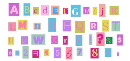 Anonymous colorful letters cut out of magazines. Carved alphabet in y2k style. Social networks, web design, poster, banner, greeting card. Cute vector illustration isolated on a white background