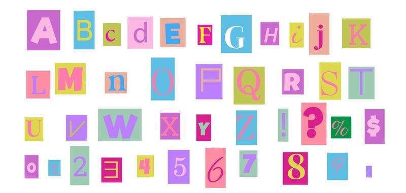 Anonymous colorful letters cut out of magazines. Carved alphabet in y2k style. Social networks, web design, poster, banner, greeting card. Cute vector illustration isolated on a white background