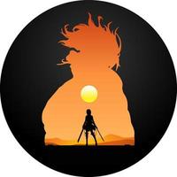 Silhouette illustration of a female warrior and a titan in a sunset scene. Great for stickers or t-shirt designs. vector