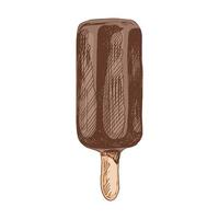 A hand-drawn colored sketch of  ice cream, popsicle on a stick in chocolate. Vintage illustration. Element for the design of labels, packaging and postcards. vector