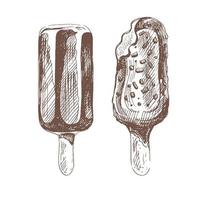 un dibujado a mano bosquejo de hielo crema, paleta de hielo en un palo en chocolate. Clásico ilustración. elemento para el diseño de etiquetas, embalaje y postales vector