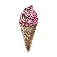 A hand-drawn colored  sketch of a waffle cone with frozen yogurt or soft ice cream. Vintage illustration. Element for the design of labels, packaging and postcards. vector