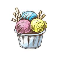 A hand-drawn colored  sketch of an ice cream balls in a cup. Vintage illustration. Element for the design of labels, packaging and postcards. vector