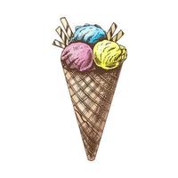 A hand-drawn colored sketch of a waffle cone with ice cream. Vintage illustration. Element for the design of labels, packaging and postcards. vector