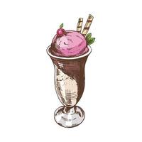 A hand-drawn colored sketch of  ice cream balls in a cup. Vintage illustration. Element for the design of labels, packaging and postcards. vector