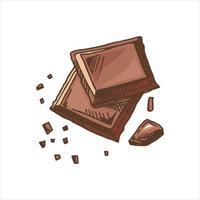 A hand-drawn colored sketch of pieces of chocolate bars. Vintage illustration. Element for the design of labels, packaging and postcards. vector