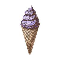 A hand-drawn colored sketch of a waffle cone with frozen yogurt or soft ice cream. Vintage illustration. Element for the design of labels, packaging and postcards. vector