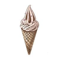 A hand-drawn colored sketch of a waffle cone with ice cream. Vintage illustration. Element for the design of labels, packaging and postcards. vector