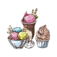 A hand-drawn colored sketch of  ice cream balls in a cup, froze yoghurt. Vintage illustration. Element for the design of labels, packaging and postcards. vector