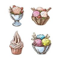 A hand-drawn colored sketch of  ice cream or frozen yoghurt in cups. Vintage illustration. Set. Element for the design of labels, packaging and postcards. vector