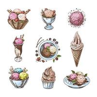 A hand-drawn colored sketch of  ice cream or frozen yoghurt in cups and cones. Vintage illustration. Set. Element for the design of labels, packaging and postcards. vector