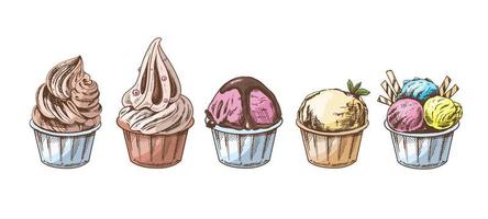 A hand-drawn colored  sketch of  ice cream balls, frozen yoghurt or cupcakes in cups. Set. Vintage illustration. Element for the design of labels, packaging and postcards. vector