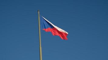 nationale drapeau de le tchèque république, tricolore de rouge, blanc et bleu. le tchèque drapeau sur une mât papillonne dans le vent contre une bleu ciel. video