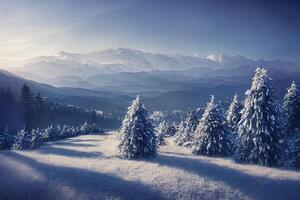 ilustración de un Nevado paisaje en el montañas foto