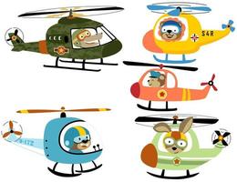 vector set of helicopter cartoon with cute animals pilot