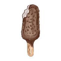 A hand-drawn colored sketch of  ice cream, popsicle on a stick in chocolate. Vintage illustration. Element for the design of labels, packaging and postcards. vector