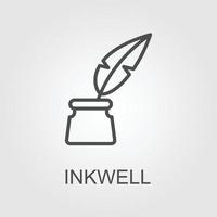 Inkwell and feather pen logo template. Ink bottle and quill pen vector design. Writer illustration