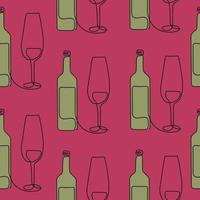 Seamless pattern. Vector illustration of a wine bottle and a glass. Drawing in one line