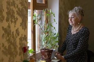 Old beautiful woman by the window. Eighty year old woman. Grandmother looks out the window. Lonely old age. Nursing home. photo