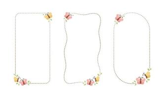 Cute Floral Butterfly Frame Set. Spring Summer Vertical Border Vector Illustration.