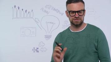 Man draws various growth charts, calculating prospects for success in a modern glass office video