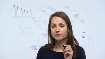 Woman draws various growth charts, calculating prospects for success in a modern glass office video