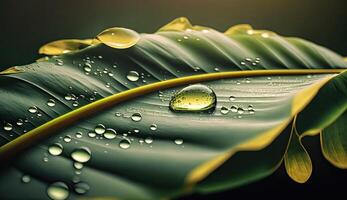 macro photo many drops of water drop on banana leaves