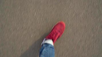 parte superior ver de de los hombres piernas en rojo zapatillas caminando en mojado asfalto video