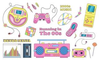 Collection of Y2K objects, game pad, music players, disks, decorations, vector objects, stickers, retro vibes.