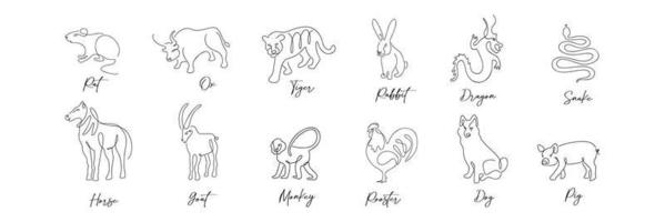 Chinese Zodiac symbols signs horoscope set in line art style isolated on white vector