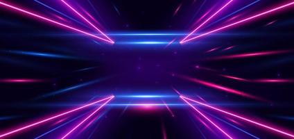 Abstract technology futuristic neon triangle glowing blue and pink  light lines with speed motion blur effect on dark blue background. vector