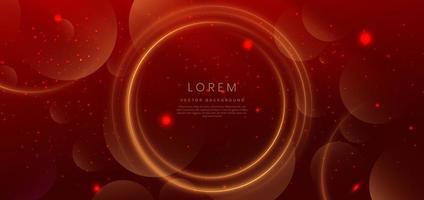 Abstract glowing gold circle lines on red background with lighting effect and sparkle with copy space for text. Luxury design style. vector