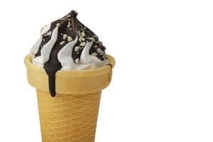 Ice cream. Sweet ice dessert in a waffle cone poured with chocolate on a white background.Beautiful dessert. photo