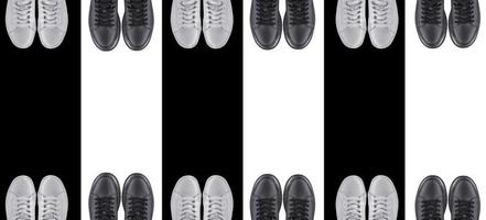 Background sports shoes. Black and white sneakers on a striped background. photo