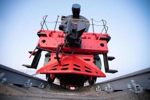 Vintage retro train red on rails. Ancient locomotive. photo