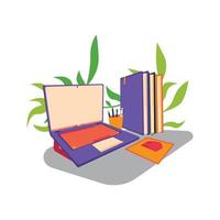 Vector illustration of a laptop and books belonging to a college student. Cartoon style illustration with bright colors and funny expressions. This illustration can be used for educational concepts.