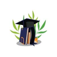 A vector illustration of books lined up with graduation caps on top. This illustration has a flat style with bright colors and simple shapes. This illustration can be used for education and graduation