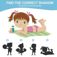 Find the correct shadow. Matching shadow game for children. Worksheet for kid. Educational printable worksheet. Vector illustration.