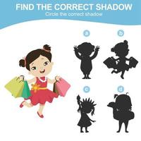 Find the correct shadow. Matching shadow game for children. Worksheet for kid. Educational printable worksheet. Vector illustration.