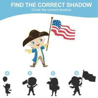 Find the correct shadow. Matching shadow game for children. Worksheet for kid. Educational printable worksheet. Vector illustration.