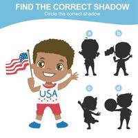 Find the correct shadow. Matching shadow game for children. Worksheet for kid. Educational printable worksheet. Vector illustration.