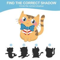 Find the correct shadow. Matching shadow game for children. Worksheet for kid. Educational printable worksheet. Vector illustration.