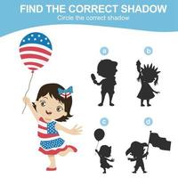 Find the correct shadow. Matching shadow game for children. Worksheet for kid. Educational printable worksheet. Vector illustration.